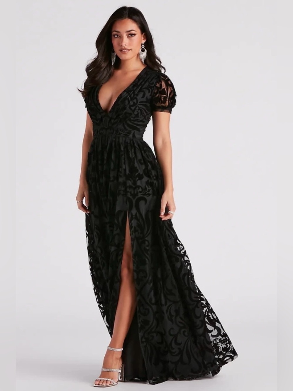 Windsor Black Velvet Burnout V-Neck Maxi Dress